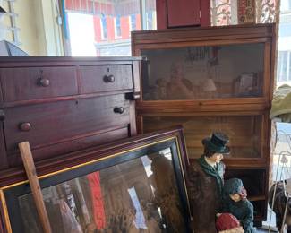 antique barrister book case, antique print of Martha & George Washington reception day, antique dresser