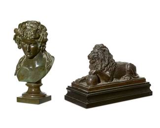 51
Two Continental patinated bronze sculptures
20th century
Comprising a bust of Bacchus and a model of a recumbent lion raised on a black plinth base
2 pieces
Bacchus: 12.25" H x 6" W x 6.75" D; Lion overall: 9.5" H x 13.5" W x 6.5" D
Estimate: $400 - $600
