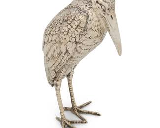 408
A German sterling silver figure of a marabou stork
Early 20th century
With Hanau marks; further marked for London import with mark of Berthold Hermann Muller, dated 1913
7" H x 3.75" W x 3.125" D
7.4 oz. troy approximately
Estimate: $700 - $900