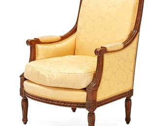 119
A Directoire-style carved mixed wood bergère
20th century
With yellow silk damask fabric upholstery
36" H x 26" W x 25" D
Estimate: $300 - $500