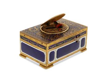 190
A Continental gilt-metal and enamel automaton singing bird box
Early 20th century
The brass box with blue and white enameled panels, the hinged lid opening when wound to reveal a chirping bird with articulated wings and beak
Open: 3" H x 4.125" W x 2.5" D
Estimate: $1,500 - $2,000
