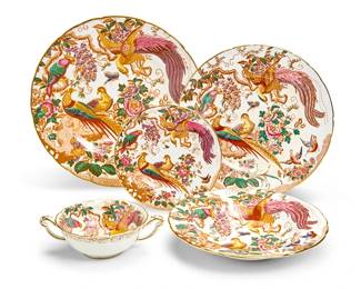 349
A Royal Crown Derby porcelain 'Olde Avesbury' part dinner service
Date codes for 1938-2000
Each with various puce or red printed factory marks above pattern name, number (A.73), and date codes
Comprising twenty 10.5" dinner plates, ten 9.25" luncheon plates, seven 6.75" side plates, ten 6.375" bread & butter plates, and eleven large two-handled soup bowls
68 pieces
Estimate: $2,000 - $3,000