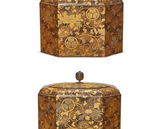 242
A pair of Japanese gold and brown lacquered wood storage boxes
20th century
One with applied sticker: Japan
The lidded octagonal boxes, each with a melon-form finial on the cover
2 pieces
Each: 10" H x 11" W x 8.5" D
Estimate: $800 - $1,200