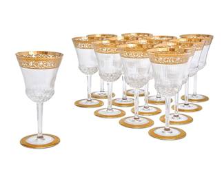 347
A set of thirteen Saint-Louis glass 'Thistle' water goblets
20th century
Each with etched factory marks
13 pieces
Each: 7.5" H
Estimate: $2,000 - $3,000