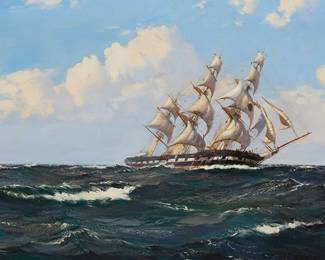 95
Montague Dawson
(1890-1973)
"The Atlantic Packet Albion of the Black Ball Line," 1947
Oil on canvas
Signed lower left: Montague Dawson; titled in pencil on the upper stretcher; titled again on the frame plaque; dated by repute
24" H x 44" W
Estimate: $40,000 - $60,000