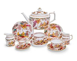 353
A Royal Crown Derby porcelain 'Olde Avesbury' part tea service
Date codes for 1939-2001
Each with various puce or red printed factory marks above pattern name, number (A.73), and date codes
Comprising twelve large covered tea pot (7" H), two cream jugs, thirteen teacups with twelve 5.75" saucers, one coffee cup with two 6.25" deep saucers, one demitasse cup, nine 4.875" saucers, two 9" dessert plates with scalloped rims, twelve 7" square form dessert plates, and thirteen 6.375" bread & butter plates
68 pieces
Estimate: $2,000 - $3,000