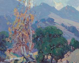 33
Orrin A. White
(1883-1969)
"Topanga Canyon, Hillside landscape"
Oil on canvas
Signed lower right: Orrin A. White; titled on a label affixed to the backing board
24.25" H x 22.25" W
Estimate: $3,000 - $5,000