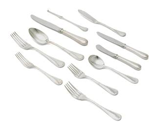 28
A Christofle silver-plated 'Rubans' flatware service
Late 20th/early 21st century
Each marked for Christofle
Comprising 23 dinner forks, 23 salad forks, 22 dessert forks, 23 cheese forks, 20 dinner knives, 23 butter knives, 22 cheese knives, 24 fish knives, 24 table spoons, 23 bouillon spoons, and 14 cocktail picks
241 pieces
Estimate: $1,500 - $2,500