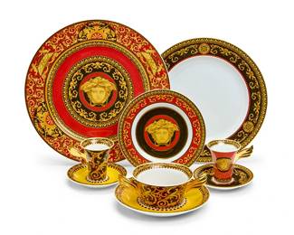 278
A Rosenthal for Versace assembled porcelain part dinner service
Late 20th century
Each with black and gilt printed factory marks incorporating the pattern name
In the 'Medusa' pattern, comprising sixteen 12.25" chargers, twelve 10.75" dinner plates, twelve 7.25" bread plates, and a demitasse cup and saucer; in the 'Barocco' pattern, comprising fourteen 4.5" two-handled soup bowls, fourteen 7" saucers, and a demitasse cups and saucer
72 total pieces
Estimate: $2,000 - $3,000