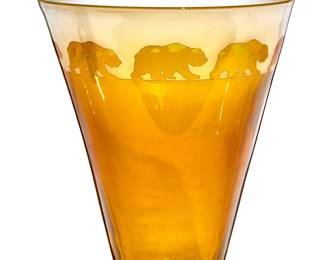 246
A Correia amber and frosted glass vase
2003
Engraved to underside: Correia / With appreciation / Maria and Arnold / October 2003 / JAS 9.03.10
Depicting a row of California bears around the rim
9.75" H x 8.125" Dia.
Estimate: $400 - $600