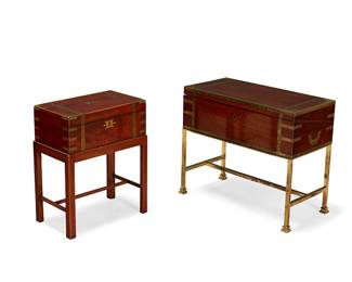 272
Two Victorian brass-mounted mahogany writing boxes
Late 19th century
Each brass-bound lidded box with fitted inner compartments and fold-out writing surfaces, one raised on a later brass stand, the other a later wood stand
2 pieces
Larger overall: 20" H x 25" W x 13" D; Smaller overall: 20" H x 16.5" W x 10" D
Estimate: $700 - $900