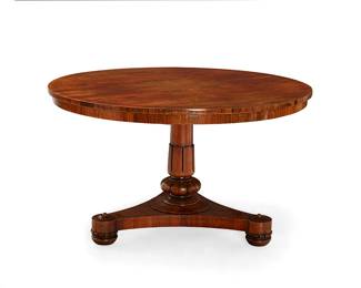 83
A William IV rosewood tilt-top breakfast table
Early 19th century
The circular tilt-top raised on a central column and tripartite base on bun feet
28.5" H x 48" Dia.
Estimate: $800 - $1,200