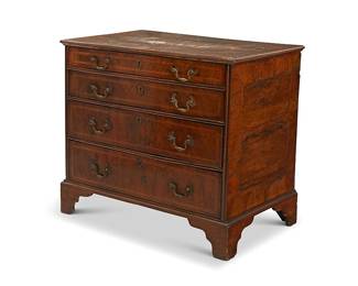 360
A George I inlaid walnut chest
Early 18th century
The case with inlaid accents to top and sides, the four locking drawers with later replaced hardware featuring string inlay fronts, each drawer later lined in moiré fabric, all raised on bracket feet
32" H x 37" W x 22.5" D
Estimate: $600 - $800