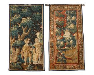 77
Two Flemish verdure tapestries
18th century
The larger panel depicting a wooded landscape within a border of flowers and birds, and the smaller tapestry depicting a couple holding hands beneath a tree
2 pieces
Larger: 98" H x 50" W; Smaller: 91" H x 45" W
Estimate: $700 - $900