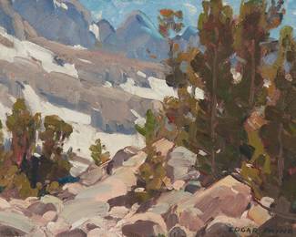 254
Edgar Alwin Payne
(1883-1947)
"Mountain View"
Oil on canvas laid to board
Signed lower right: Edgar Payne; titled on an authentication label signed in ink by Edward Goldfield, affixed verso
9.75" H x 12.125" W
Estimate: $4,000 - $6,000