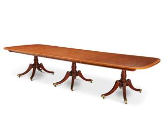 118
A Baker Collector's Edition George III-style mahogany dining table
Early 21st century
With two metal tags reading: Baker Furniture / Collector's Edition by Baker
The triple pedestal table raised on three turned standards, each issuing four fluted splayed legs terminating in brass sabots with casters
3 pieces
Overall: 29" H x 144" W x 50" D
Estimate: $800 - $1,200