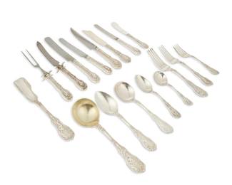 182
A Gorham sterling silver 'Mythologique' assembled part flatware service
20th century
Each marked for sterling and for Gorham Mfg. Co.
Comprising 1 dinner fork, 22 luncheon forks, 14 dessert forks, 8 dinner knives, 21 luncheon knives, 3 butter knives, 1 dessert knife, 6 steak knives, 19 soup spoons, 2 round soup spoons, 23 bouillon spoons, 10 teaspoons, 1 sauce serving spoon, 1 melon marrow spoon, 1 master butter fish knife, 1 carving fork, and 1 carving knife, together with one dinner knife with separated handle and one luncheon knife blade with two separated handles, personalized
135 pieces
Largest: 9.75" L
Weighable sterling: 147.6 oz. troy approximately
Estimate: $3,000 - $5,000