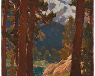 253
Edgar Alwin Payne
(1883-1947)
"Redwoods," circa 1930s
Oil on canvas laid to board
Signed lower right: E. Payne; titled and dated in ink on a 1985 handwritten note by G.M. Hegion attached to a fragment of previous brown backing paper that is now affixed verso
16" H x 12" W
Estimate: $6,000 - $8,000