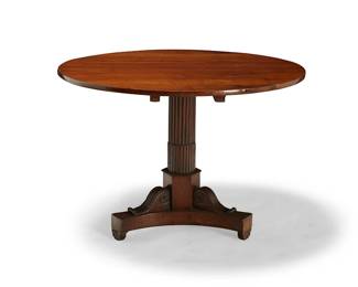 150
A William IV walnut tilt-top breakfast table
19th century
The circular top raised on a fluted standard and tripartite base with scrolled accents
Open: 31" H x 45" Dia.
Estimate: $1,000 - $1,500