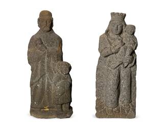 311
Two Northern European carved limestone figures
19th/20th century
One depicting the Madonna and Child, the other depicting Joseph holding the Christ Child accompanied by the young John the Baptist
2 pieces
Taller: 20" H
Estimate: $800 - $1,200