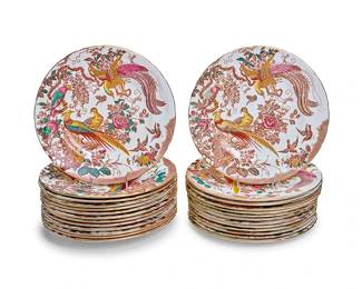 157
A set of twenty-six Royal Crown Derby porcelain 'Olde Avesbury' dinner plates
Date codes for 1939-1952
Each with puce-printed factory marks above pattern and date codes, some with red painted pattern number A.73; a few also impressed above date code: DERBY
26 pieces
Each: 10" Dia. or 10.5" Dia.
Estimate: $1,500 - $2,000