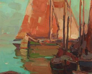 62
Edgar Alwin Payne
(1883-1947)
"Chioggia Boats, Italy"
Oil on canvas laid to board
Signed lower left: Edgar Payne; signed again and titled verso
12" H x 9.5" W
Estimate: $6,000 - $8,000