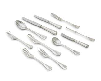 402
A Christofle silver-plated 'Rubans' flatware service
Late 20th/early 21st century
Each marked for Christofle
Comprising 12 of each: dinner forks, salad forks, dessert forks, cheese forks, dinner knives, butter knives, cheese knives, fish knives, table spoons, bouillon spoons, and cocktail picks
132 pieces
Estimate: $800 - $1,200