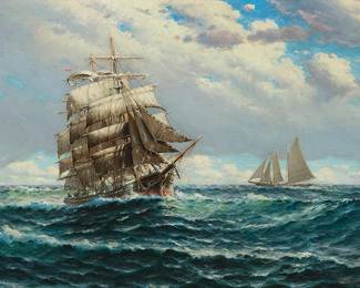 96
Theodor Victor Carl Valenkamph
(1868-1924)
A square rigger on the open seas
Oil on canvas
Signed lower right: T.V.C. Valenkamph
24" H x 36" W
Estimate: $1,500 - $2,500