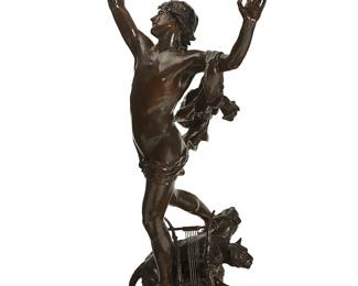 301
Raoul Charles Verlet
(1857-1923)
"La Douleur d'Orphée" (Orpheus' Sorrow)
Patinated bronze
Signed to base: Raoul Verlet; foundry mark: F. BARBEDIENNE, Fondeur; stamped: Réduction Mécanique A. Collas Brevete
49.5" H x 20" W x 19" D
Estimate: $3,000 - $5,000