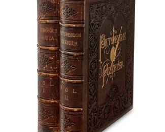 216
"Picturesque America"
Hardcover books in 2 volumes
Bryant, William Cullen (editor). "Picturesque America: or, The Land We Live In. A Delineation by pen and pencil of the Mountains, Rivers, Lakes, Forests, Water-falls, Shores, Cañons, Valleys, Cities, and Other Picturesque Features of Our Country." New York: D. Appleton & Co, 1872
Each large quarto bound in full tooled brown morocco leather with gilt and blind-stamped lettering and decorations to spine, dentelles, and boards, with raised bands, marbled endpapers, and gilt page edges
2 pieces
Each: 13.125" H x 10.75" W; Overall: 5.25" D
Estimate: $200 - $300