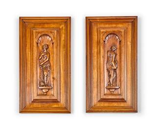 127
A pair of Renaissance-style carved walnut panels
Late 19th/early 20th century
Each depicting a classical female figure in an archway
2 pieces
Each: 23.5" H x 12.5" W x 1.5" D
Estimate: $200 - $300