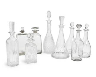 356
A group of clear glass decanters
One with Baccarat stencil mark; two with stencil mark: Dartington
Comprising a Baccarat ribbed cylindrical glass decanter, a pair of Dartington glass decanters, and six other unattributed decanters
9 pieces
Tallest with stopper: 15.375" H x 3.875" Dia.; Shortest: 9.125" H x 3.5" W x 3.5" D
Estimate: $400 - $600