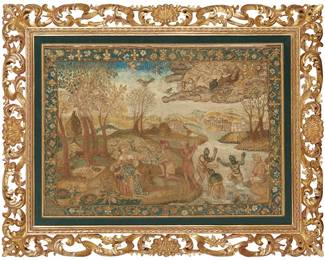 43
A Continental framed needlework panel
17th/18th century
Depicting an allegorical scene from the biblical book of Revelation, in an elaborate giltwood openwork frame
Sight: 25" H x 34.75" W
Estimate: $800 - $1,200