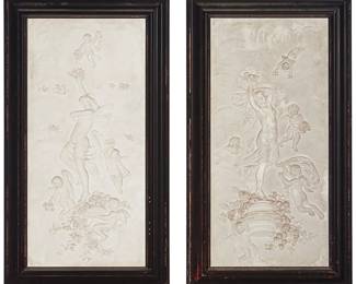 207
A pair of Neoclassical style plaster relief panels
Late 19th/early 20th century
Each signed and inscribed lower right: G. Beck SC
In the manner of François? Duquesnoy, depicting nymphs and putti in relief
Sight of each: 39" H x 18.5" W
Estimate: $800 - $1,200