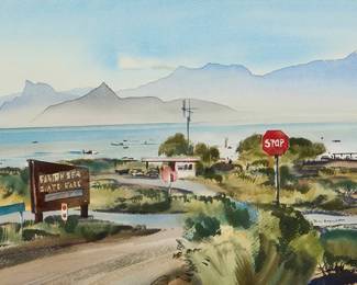 376
Rex Brandt
(1914-2000)
"Salton Sea State Park, Colorado Desert, California"
Watercolor on paper
Signed in the image in pencil to the lower right of center: Rex Brandt; titled in the image and then more fully on a label affixed to the frame's backing paper
Sight: 12.25" H x 20.25" W
Estimate: $1,000 - $1,500