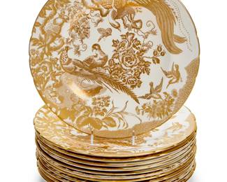 125
A set of twelve Royal Crown Derby porcelain 'Gold Aves' dinner plates
1973-1991
Each with various red printed factory marks above pattern name, number (A.1235), and date code
12 pieces
Each: 10.5" Dia.
Estimate: $1,500 - $2,000