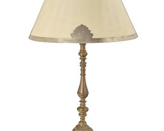 371
A Baroque-style bronze altar stick lamp
19th century elements
The lamp with scrolled tripartite base, later mounted as a two-light lamp, surmounted by a partially silvered paper shade, electrified
Lamp: 39.75" H x 9" W.; Shade: 14" H x 24.25" Dia.
Estimate: $300 - $500