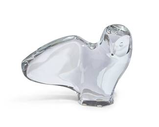 74
A Baccarat glass owl sculpture
Circa 1970s
With etched Baccarat factory marks; signed: RRIGOT; numbered: 144/250
Designed by Robert Rigot, modeled with one outstretched wing, contained within original fitted factory box
Figure: 7.5" H x 9.5" W x 4" D; Box: 5.25" H x 14" W x 11.75" D
Estimate: $500 - $700
