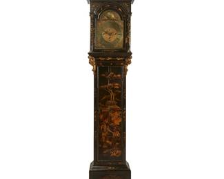 233
A George II black lacquered tall case clock
Early/mid-18th century; London, England
Dial marked: Jn. [John] Crucefix / London
The brass arched dial with sun plaque to the arch, the chapter ring with Roman hours and Arabic minutes with subsidiary seconds dial and date aperture to the center, the three-train movement striking the quarters on eight bells and the hours on a single bell, housed in a chinoiserie gilt-decorated case depicting figures in a courtly rural scene, surmounted by three flame finials
109" H x 20.5" W x 10.5" D
Estimate: $1,500 - $2,500