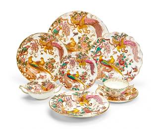 58
A Royal Crown Derby porcelain 'Olde Avesbury' part dinner service
Date codes for 1939-2000
With various puce or red printed factory marks above pattern name, number (A.73), and date codes; some impressed above date code: DERBY; with red painted pattern number
Comprising twenty-four 10" or 10.5" dinner plates, eighteen 8.5" salad plates, eighteen 6.375" bread and butter plates, eighteen 9" dessert plates with scalloped rims, eighteen 8.5" soup bowls, eighteen large two-handled soup bowls with fourteen saucers, and twelve small two-handled soup bowls
140 pieces
Estimate: $4,000 - $6,000