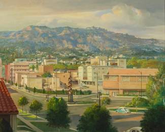 373
Innocenzo Daraio
(1903-1993)
"Beverly Dr., Beverly Hills"
Oil on canvas laid to canvas
Signed lower right: Innocenzo Daraio; signed again and titled on a fragment of a previous backing board secured behind the current frame; titled again on a label affixed to the frame's foamboard backing
20" H x 24" W
Estimate: $1,500 - $2,500