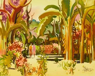 326
Milford Zornes
(1908-2008)
Tropical scene, 1974
Watercolor on Arches paper
Signed and dated lower right: Zornes 74
Sight: 21.75" H x 29.5" W
Estimate: $800 - $1,200
