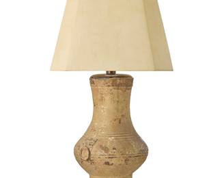 307
A Chinese stoneware jar converted lamp
Han Dynasty (206 BCE-220 CE) with later elements
The pottery jar mounted as a single-light table lamp on a carved wood base, surmounted by a paper shade, electrified
Jar: 16" H x 10" Dia.; Lamp without harp or shade: 23.5" H; Shade: 13.25" H x 15" W x 15" D
Estimate: $300 - $500