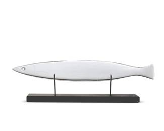 362
A Baccarat glass model of a barracuda
Late 20th/early 21st century
With etched Baccarat factory mark; signed: fxL; numbered: 1748; stand marked: Baccarat
Designed 1998 by François-Xavier Lalanne (1927-2008), the fish figure with etched details, raised on an ebonized stand
The fish: 1.5" H x 10.25" L
Estimate: $300 - $500