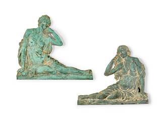 129
A near-pair of Continental repoussé copper figural panels
Late 19th/early 20th century
Each Classical female figure modeled recumbent in a flowing robe, mounted on plywood
2 pieces
Each: 35.5" H x 40.5" W x 2.5" D
Estimate: $400 - $600