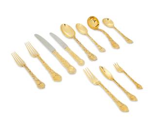 166
A Garrard & Co. gilt sterling silver 'Chased Pierced Vine' flatware service
1970s
Each marked for Garrard & Co., for sterling, and for London, with date marks
Each with pierced and interwoven grape and leaf vines, comprising 12 dinner forks, 12 salad forks, 12 dessert forks, 12 cocktail forks, 12 dinner knives, 12 salad knives, 11 soup spoons, 12 round soup spoons, 12 fruit spoons, 4 serving spoons, and 2 ladles
113 pieces
Largest: 10.25" L
Total weight: 198.8 oz. troy approximately
Estimate: $8,000 - $12,000