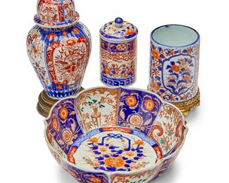 37
Four Japanese Imari-style porcelain vessels
Late 20th century
Each unmarked
Comprising a lidded lobed jar on a bronze base, a bowl, and two brush pots, one covered and one on a gilt-metal stand
4 pieces
Bowl: 4.375" H x 12.5" Dia.; Tallest: 15.25" H x 6.75" Dia.
Estimate: $200 - $300