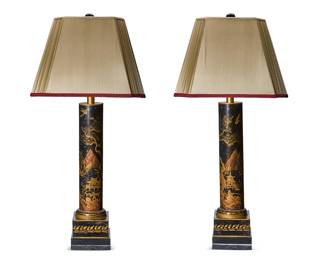 366
A pair of black and gilt japanned tole table lamps
20th century
Each single-light lamp with cylindrical standard bearing gilt Asian village scene decoration, mounted on a square plinth base, and surmounted by a pleated fabric shade, electrified
2 pieces
Each lamp without harp or shade: 29.5" H x 6.5" W x 6.5" D; Each shade: 13" H x 18.5" W x 12.5" D
Estimate: $700 - $900