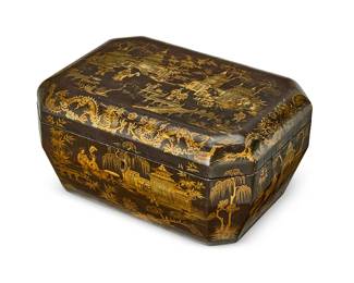 79
A Japanese black and gilt lacquer tea box
20th century
The box with hinged lid depicting dragons and figural city scenes
5.5" H x 11.5" W x 8.5" D
Estimate: $400 - $600