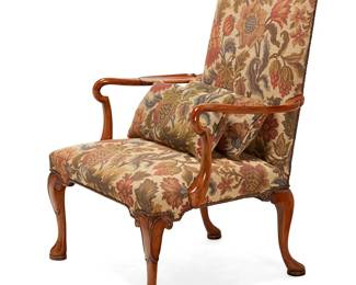 123
A George II-style walnut armchair
20th century
Upholstered in a floral pattern fabric with brass tacking, together with two conforming small pillows
3 pieces
Chair: 38.5" H x 28.5" W x 30" D
Estimate: $300 - $500
